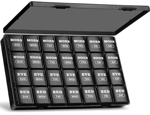 Tablettenbox 7 Tage Große Fächer, Medikamentenbox 7 Tage 4 Fächer Tabletten Box 7 tage Morgens Mittags Abends Nachts, Woche Pillen Organizer Pillendose Groß Reise für Vitamin - Schwarz