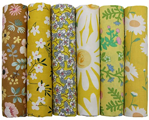 6 Stück Baumwollstoff Meterware Stoff je 50CM x 50CM, Reiner Baumwolle, Stoffe zum Nähen, Patchwork Stoffpaket zum Quilten DIY Basteln Handwerken, Quadrate Baumwolltuch, Modischen Mustern (Gelb)