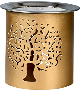 RÄUCHERSTÖVCHEN aus Eisen in Gold mit Blume des Lebens Motiv – Handgefertigt, Sieb für TEELICHT, Aromatherapie STÖVCHEN, 8 cm Höhe – Ideal für Mediation und spirituelle Atmosphäre