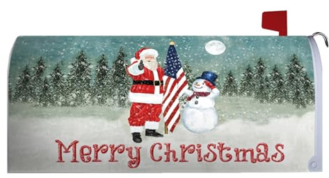 America Forever Merry Christmas Mailbox Covers Magnetic Standard Size 18 x 10 inches Patriotic Santa Holiday American Snowman Decorative Mailbox Wrap Letter Box Cover for Home Outdoor Garden Entrance