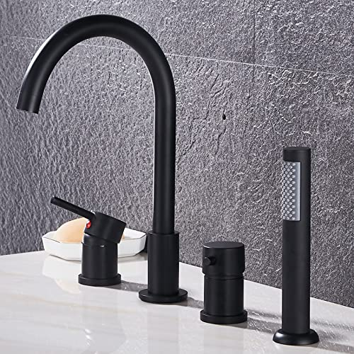 SXLSZ Wannenrandarmatur 4-Loch Badewannen-Armatur HEI?es und Kaltes Wasser Badezimmer Armatur Set mit Handbrause Bifunktional Wannenrand Badewanne Armatur Set,Schwarz
