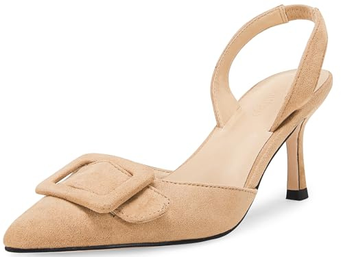 Coutgo Womens Slingback Heels Kitten Heel Pumps Dress Shoes Sling Back Closed Pointed Toe Suede Wedding Party Sandals Light Khaki