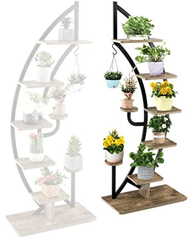 RELAX4LIFE 2 in 1 Scaffale Decoratico per Piante a 7 Livelli, Portafiori a Mezzaluna in Legno e Ferro, Porta Piante per Interno (1 PEZZI NERO)