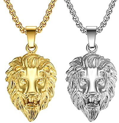 Liitata 2 pezzi collana con ciondolo a forma di testa di leone, collana gotica punk hip hop per uomini – oro argento
