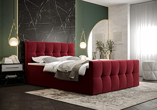 PAMIR24 Boxspringbett 180x200 mit Bettkasten und einem leichten Öffnungsmechanismus ausgestattet Bonell-Feder Matratzen und T30-Schaum Doppelbett mit Matratze und Topper Matratzenhärtegrad - H3 Rot
