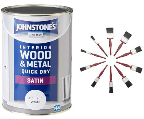 Johnstone's - Quick Dry Satin - Brilliant White - Mid Sheen - Water Based - Interior Wood & Metal & Fit For The Job 10 pc Mixed Sizes Paint Brush Set for a Smooth Finish with Emulsion, Gloss