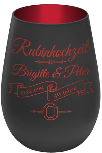 Windlicht mit Gravur ''40 Jahre Rubinhochzeit'' - Schwarz/Rot - Glas Teelichthalter personalisierbar mit Wunschtext - Geschenk zu Hochzeit Jahrestag Jubiläum