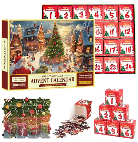 POPOYU Adventskalender 2026 Weihnachts Puzzle für Erwachsene,Weihnachtsgeschenke Weihnachts Jigsaw Puzzle 1008 Teile in 24 Boxen,24 Tage Weihnachten Countdown Kalender für Urlaub Hausdekoration