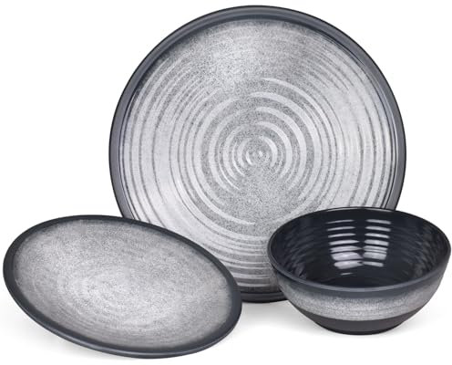 Vaisselle de camping 3 pièces pour 1 personne - Mélamine - Service de table de pique-nique - Design gris pierre