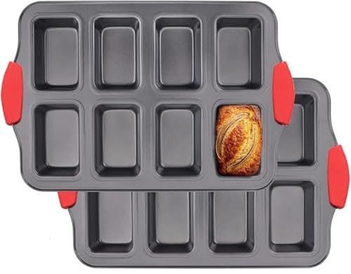 Sivaopa 2 Pack Mini Loaf Pan, 8 Cavity Non-Stick Mini Baking Tin, Carbon Steel Mini Bread Pan, Bread Baking Mold with Silicone Handle, Loaf Baking Tray for Brownie,Cornbread, Cheesecake