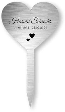 INDIGOS UG - Grabschmuck - 40 cm - Herz Edelstahllook - wetterfester Gedenkpfahl als Grabstecker - Text und Datum - individuell Schilder selbst gestalten mit Wunschname, Trauerspruch
