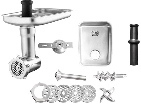 Kitty Professional Fleischwolf SCHREDDER PRO 2.0 aus hochwertigem Edelstahl inkl. Lochscheiben, Messer, Wurstfüllhorn, Spritzgebäckvorsatz kompatibel mit KitchenAid, ideal für Fleisch und Gemüse