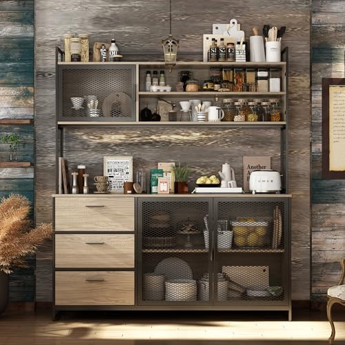 PREMTURE Küchenschrank, 3-türig, 3-Schubladen, 4 Aufbewahrungsfächer, Retro-Industrial-Stil, Walnuss + Schwarz, 150 x 40 x 174 cm