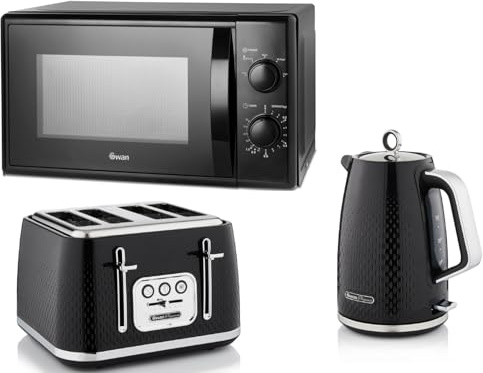 Swan Elegance Black 1.7L 3KW Kettle, 4 Slice Toaster and 700W 20L Manual Microwave SM4420BLK Contemporary Matching Kitchen Set with a Premium Sleek Black Finish