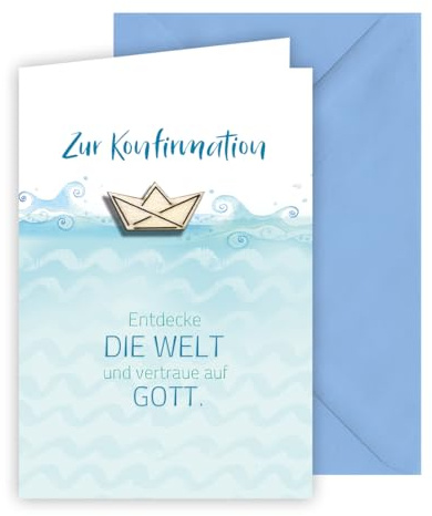 KE - Karte zur Konfirmation, Glückwunschkarte, mit Umschlag, hellblau, Motiv: Wellen, Meer, Schiff Holzteil gelasert, Format: B6