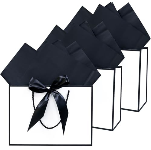 LYINUR 3Pcs Gift Bags for Presents, Medium Gift Bag with 6 Wrappers for Valentines Birthday Wedding Bridesmaid Party Bags for Her Him, 28 x 20 x 10 cm, White - Black