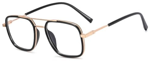 WFFZTZW Retro-Brillenrahmen mit Doppelstegen für Damen, klares Brillengestell, modischer, zweifarbiger Rahmen für Herren (Schwarz-Gold)