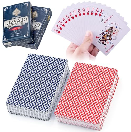 2 Deck Pokerkarten Plastik Rot und Blau Poker Cards Wasserfeste Spielkarten Plastic Playing Cards Poker Karten Kunststoff mit 2 Echzeichen für Blackjack Bridge Canasta Durak Rummy Kartenspiel