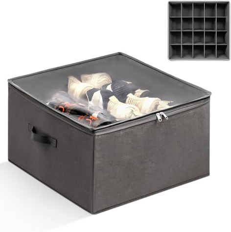 Foldable Shoe Storage Box with Handles - Clear Lid Organiser Holds 20 Pairs, Space Saving Stackable Shoe Cabinet for Wardrobe/Underbed/Hallway, Compact Shoe Organizer with Transparent Cover