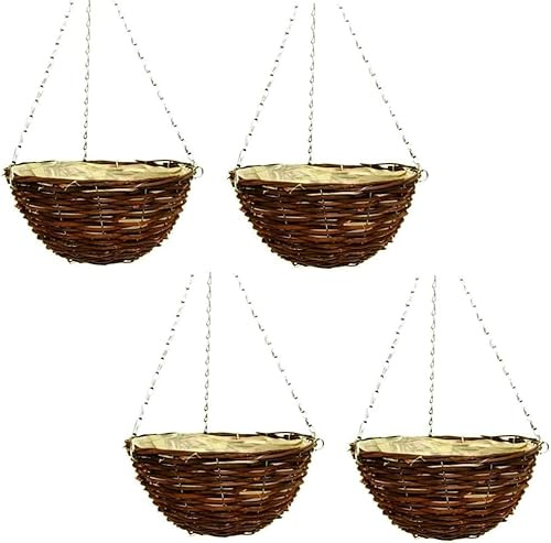 Fyne-Finds 4 Pcs 25cm 10Inch Dark Brown Wicker Hanging Basket Lined Rattan Willow Planter