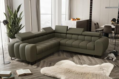 Friderik Hörnsoffa Aspen MAX lädersoffa 260 × 260 cm nackstöd justering sömnfunktion sänglåda olivgrön L-2 (olivgrön, vänster)