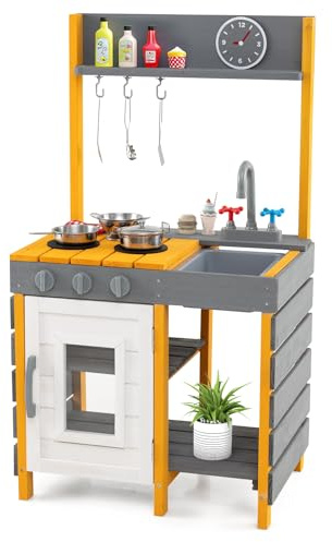 COSTWAY Mud Kitchen, Wooden Kids Toy Kitchen with Stoves, Removable Sink, Faucet, Oven, Hanging Hooks, Storage Shelves & Cooking Accessories, Outdoor Pretend Playset for Boys Girls Ages 3+