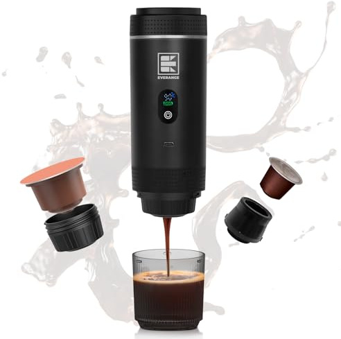 EVERANGE Portable Electric Espresso Machine, Travel Coffee Maker Brewer Compatible with Ground Coffee & NS Capsules (Black with LCD Screen)