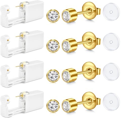 AceFun Ohrloch stecher Gold,Einweg Piercing Set für Frauen Männer schmerzfrei einfach verwenden kleines integriertes 4mm CZ Ohrlochstech Ohr Piercing Pistole mit 4 Stück UV Schutzpolster