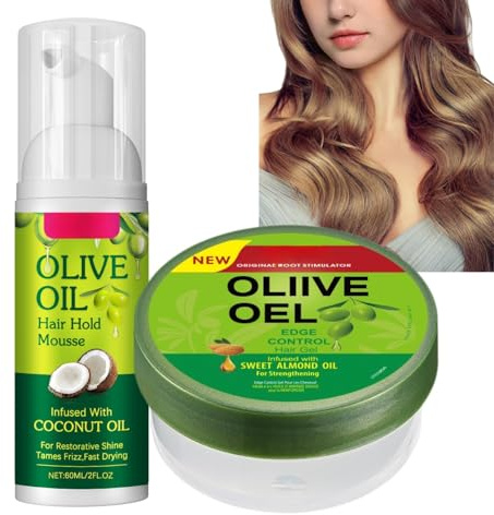 Olive Oil Styling Mousse and Control Hair Gel,2-in-1 Set Natural Moisturizing Hair Mousse Styling Gel,Non-Greasy-Hair Cream,Long-Lasting Smooth Hold, Multi-Purpose Fluffy Curling Tool Mousse
