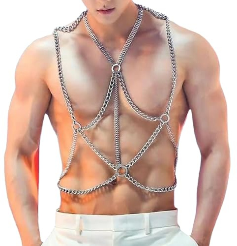 Wayfadacc Imbracatura a catena per il corpo da uomo, catena per il corpo multistrato regolabile catena toracica da uomo costumi da club