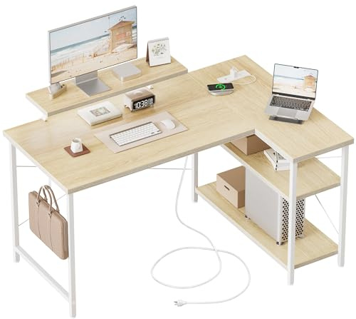 Mericonia Small L Shaped Computer Desk with Power Outlets, Reversible Gaming Desk with Storage Shelves & Monitor Stand, Corner Gamer Desk Table, Study Writing Table
