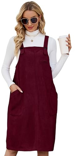 Flygo Women's Corduroy Jumper Overall Pinafore Midi Dress Skirt with Pockets, Burgundy, XL