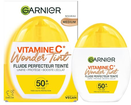 GARNIER - SkinActive Vitamine C - Fluide Perfecteur Teinté Wonder Tint SPF50+ - Soin Teinté Visage Protecteur - Unifie, Hydrate & Réduit les Taches Brunes - Tous Types de Peaux - Teinte Medium - 40 ml