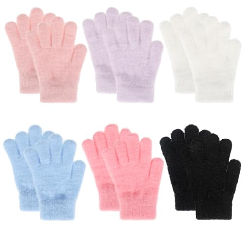 QKURT 6 par vinterhandskar för barn, barnhandskar, helfinger, enfärgad, plysch, vinter stretchhandske för pojkar och flickor i åldern 4-8