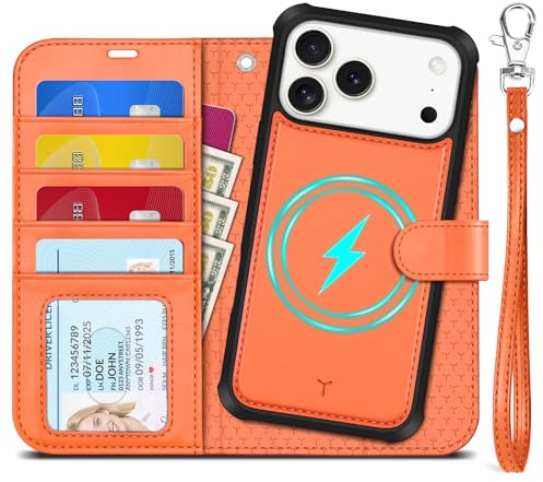 TUCCH 2-in-1 Detachable Wallet Case for iPhone 17 Pro Max (6.9), Orange | 4 Card Slots, RFID Blocking, Wireless Charging, Kickstand, Wrist Strap, Shockproof TPU, PU Leather, Magnetic, Folio Cover