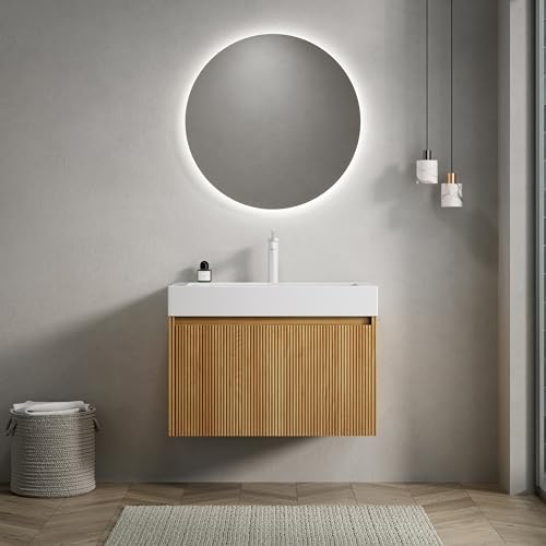 ZKLOEP Lavabo da bagno, 70 cm, Cele da parete con vasca rettangolare in resina bianca, in compensato a righe, con cassetto, preassemblato, colore naturale