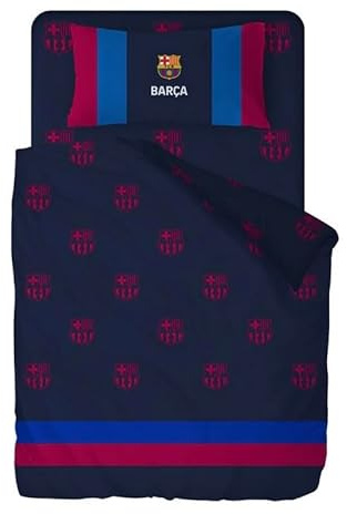 JYC CREATIVE Barcelona Fußball-Bettwäsche-Set, 2-teilig, Motiv: Fußballmannschaft, 50% Baumwolle und 50% Polyester, 1 Bettbezug und 1 Kissenbezug, Größe 135