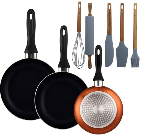 Well Home Set de 3 Sartenes Ø16Ø20Ø24cm de Aluminio prensado en Bronce metalizado+Set de 5 Utensilios de Cocina de Silicona y Madera de Acacia