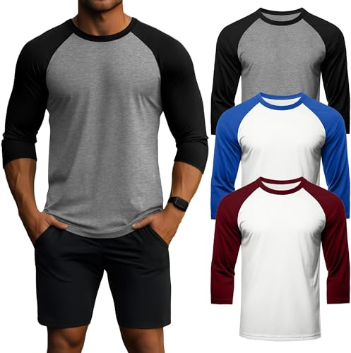Geyoga Paquete De 3 Camisetas para Hombre De Manga 3/4, Cuello Redondo, Estilo Béisbol, Transpirables Y Deportivas