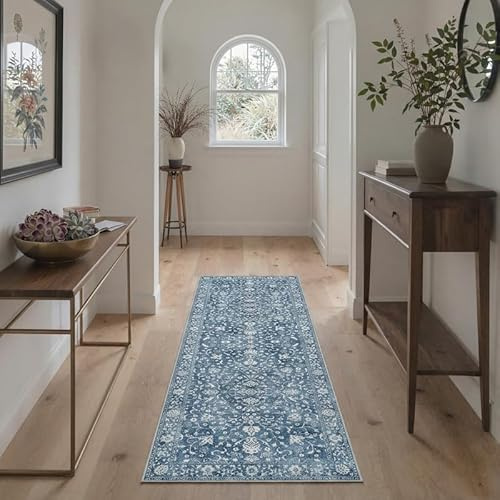 BEIMO Teppich Läufer Flur 80x150cm, Langer Vintage Boho Teppich Küche Waschbar rutschfest, Küchenläufer für Flur, Küche, Korridor, Schlafzimmer, Wohnzimmer, Staubblau