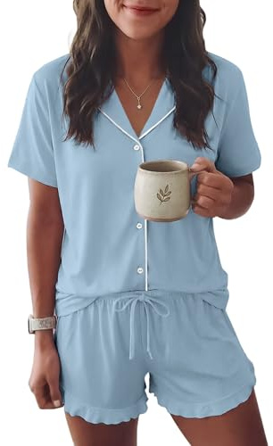 Ekouaer Womens Pyjamas Sets Button Down Classic Pjs with Drawstring S-XXL | short sleeved top, v neck turn down collar, contrast piping, elasticated waist shorts with wavy hem, soft, lightweight