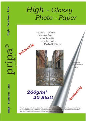 BEIDSEITIG pripa 20 Blatt Fotopapier DIN A4 260g/qm - beidseitig glossy (glaenzend) - sofort trocken - wasserfest - hochweiß - sehr hohe Farbbrillianz fuer InkJet Drucker (Tintenstrahldrucker).