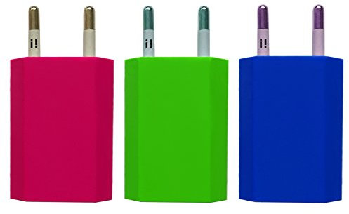 [i!®] 3X USB Netzteil Set Ladegerät Steckdosenadapter Stecker 5V/1A kompatibel mit [Universal | Apple iPhone XS X 8 7 6 5 SE iPad | Samsung Galaxy | Handy | Tablet] blau + grün + pink