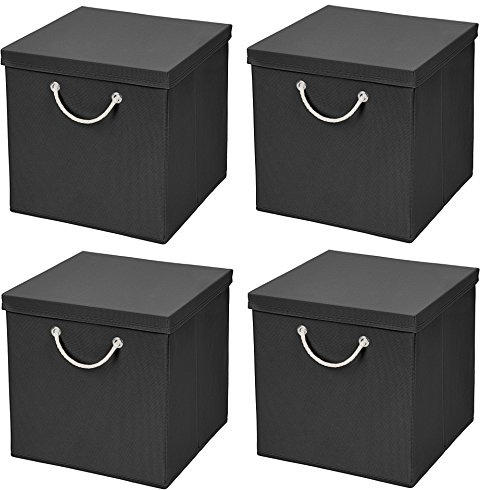 Stick&Shine 4er Set Schwarz Faltbox 30 x 30 x 30 cm Aufbewahrungsbox faltbar mit Kordel und mit Deckel