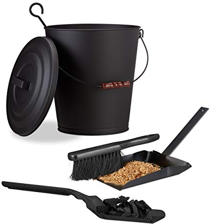 Relaxdays 3X Accessori da Camino, Secchio con Coperchio, Paletta Raccogli Cenere, Scopetta, in Acciaio, 24 L, con Manico, Nero