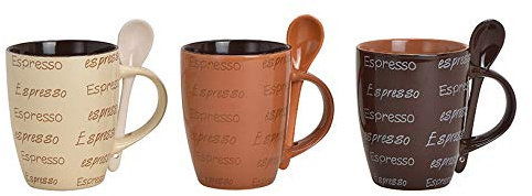 mucplants 3 Kaffeetassen mit 3 Löffeln - 6-teiliges Dekorset aus Keramik Höhe 10,5cm mit der Aufschrift Espresso Farben: Creme, Dunkelbraun, Cremebraun