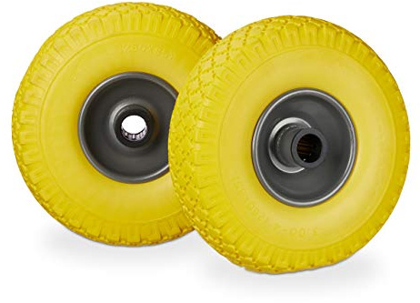 2 x Sackkarrenrad im Set, pannensicher, 3.00-4 Vollgummireifen, Stahlfelge, 25 mm Achse, 100 kg, 260x85mm, gelb-grau