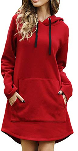 Zltang Mujer Sudaderas Largas con Capucha Vestido de Sudadera Oversize Otoño Invierno Color Sólido Dobladillo Irregular Suelto Hoodie Largo Rojo XL