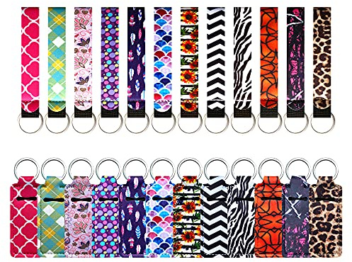 PUEZOKLY 24 pieces Lip Balm/Chapstick Holder Keychain 12 pcs Wristlet Lanyards 12 pieces Neoprene Lipstick Protective Cases Cover Portable Balm Holders for Girls Women (fashion style)