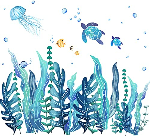 5 Feuilles Stickers Muraux Algues 3D sous la Mer Stickers Muraux Tortues de Mer Autocollant Mural Amovible en Vinyle de Poisson Méduse Herbe Océanique pour Chambre Salle de Bain Salon